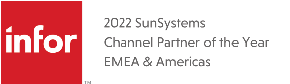 The infor logo in a red square on a white background, next to white text reading '2022 SunSystems Channel Partner of the Year EMEA & Americas'.