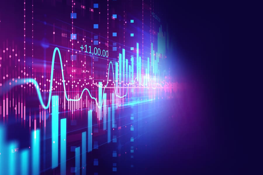 A blue and purple background with a financial chart.