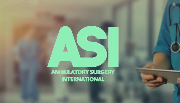 The logo for Ambulatory Surgery International in sky blue, a blurred image of a busy hospital ward as the background.