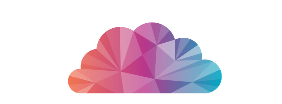 The classic shape of a cloud, coloured by triangles of different shapes and sizes, gradiating left to right from red to pink to blue.