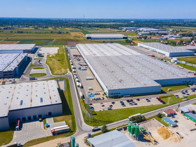 An aerial view of a large industrial complex.