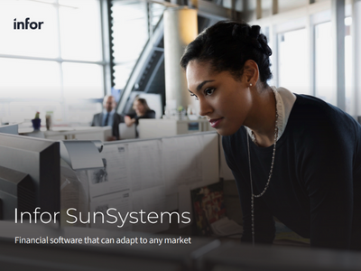 A woman working at a desk with the words Infor SunSystems.