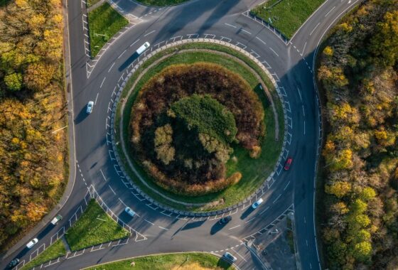 An aerial view of a circular road.