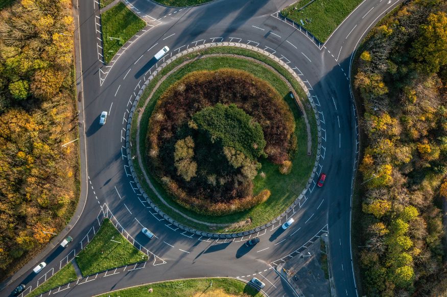 An aerial view of a circular road.