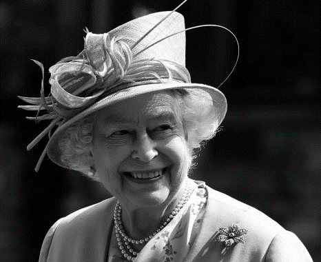 Black and white image of Her Late Majesty Queen Elizabeth II.