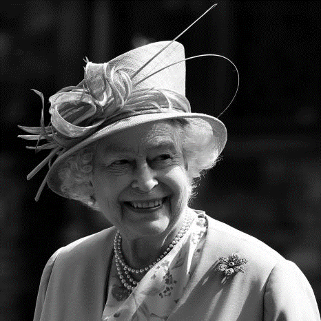 Black and white image of Her Late Majesty Queen Elizabeth II.