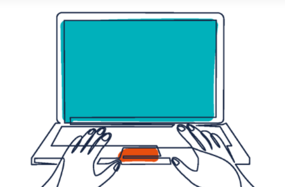 A blue and white sketch of an open laptop seen from directly in front. The screen is solid blue, the trackpad orange, and hands are poised as if ready to type.