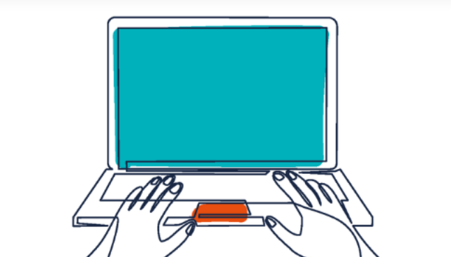 A blue and white sketch of an open laptop seen from directly in front. The screen is solid blue, the trackpad orange, and hands are poised as if ready to type.