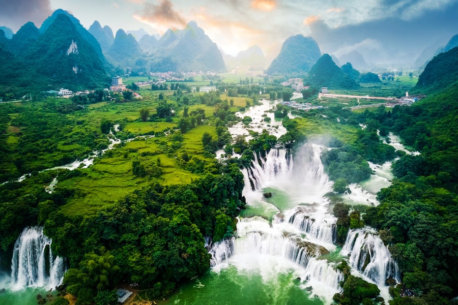 An aerial view of a waterfall.