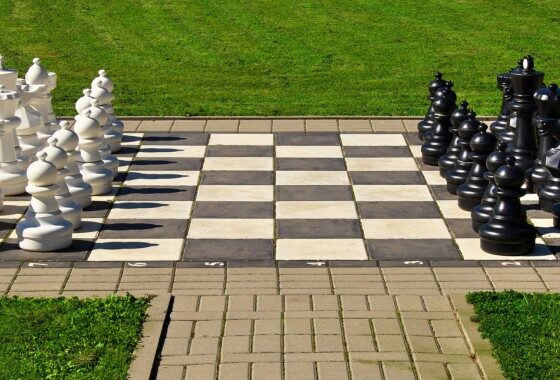 Black and white chess pieces on a chess board.