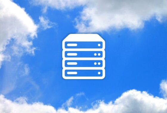 An outline graphic of a computer server in white on a background of a bright blue sky with fluffy white clouds.