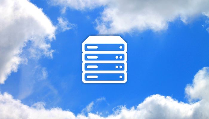 An outline graphic of a computer server in white on a background of a bright blue sky with fluffy white clouds.