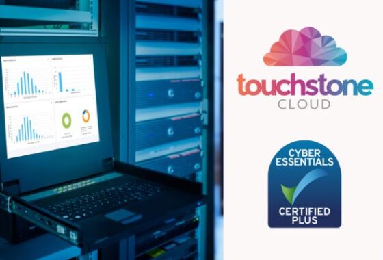 An image of a laptop in a server room with a blue hue, to the right of this the 'Touchstone Cloud' and 'Cyber Essentials Certified Plus' logos on a white background.