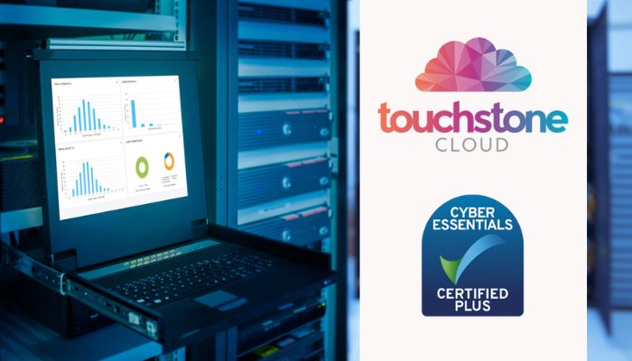 An image of a laptop in a server room with a blue hue, to the right of this the 'Touchstone Cloud' and 'Cyber Essentials Certified Plus' logos on a white background.