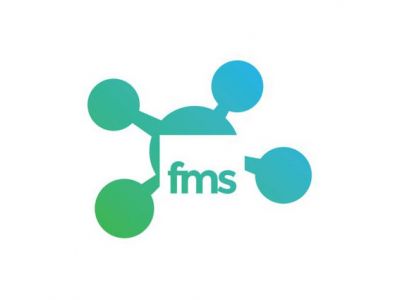 The letters 'fms' in lower case on a white square in front of a design featuring five connected circles. The letters and design are coloured with a blue and green gradient, everything else is white.