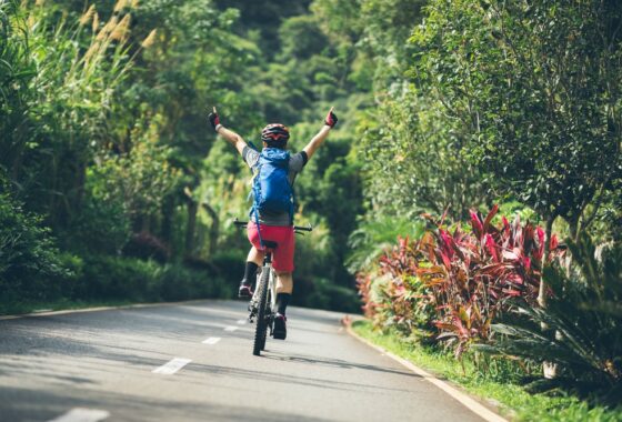 A person riding a bike down a road in a forest.